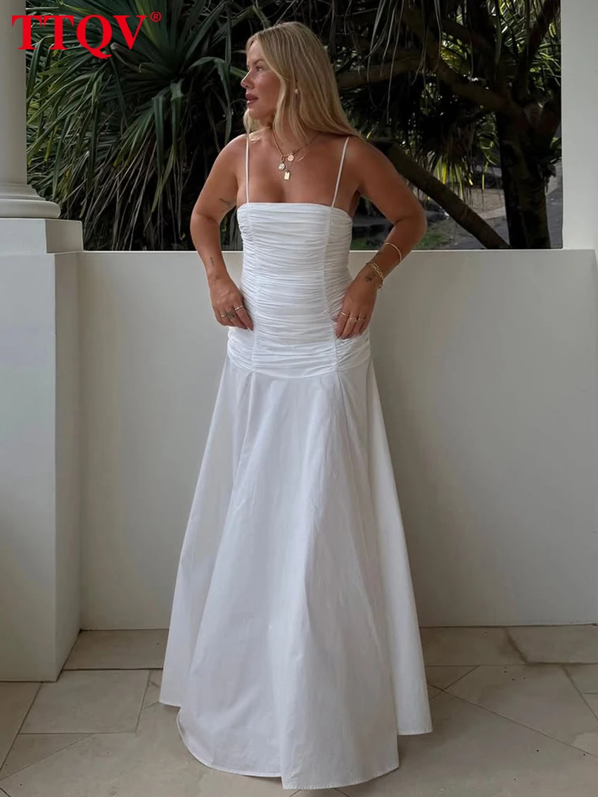 

TTQV Summer Loose White Cotton Women's Dress Sexy Strap Sleeveless Maxi Dresses Elegant Classic Solid Female Dress Streetwear