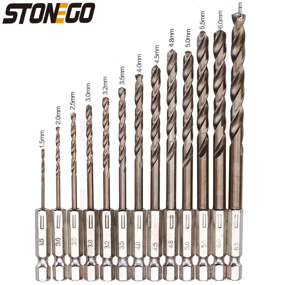 STONEGO 13PCS M35 Cobalt HSS-Co Twist Drill Bit Set, 1.5-6.5mm Range, 1/4 Inch Hex Shank