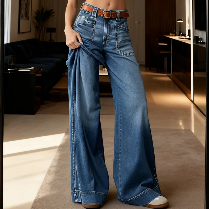 النساء الجينز الدنيم بانت بنطال ذو قصة أرجل واسعة سراويل جينز المتعثرة منتصف الخصر تمتد غسلها جيوب Y2k الشارع الشهير طول الأرض
