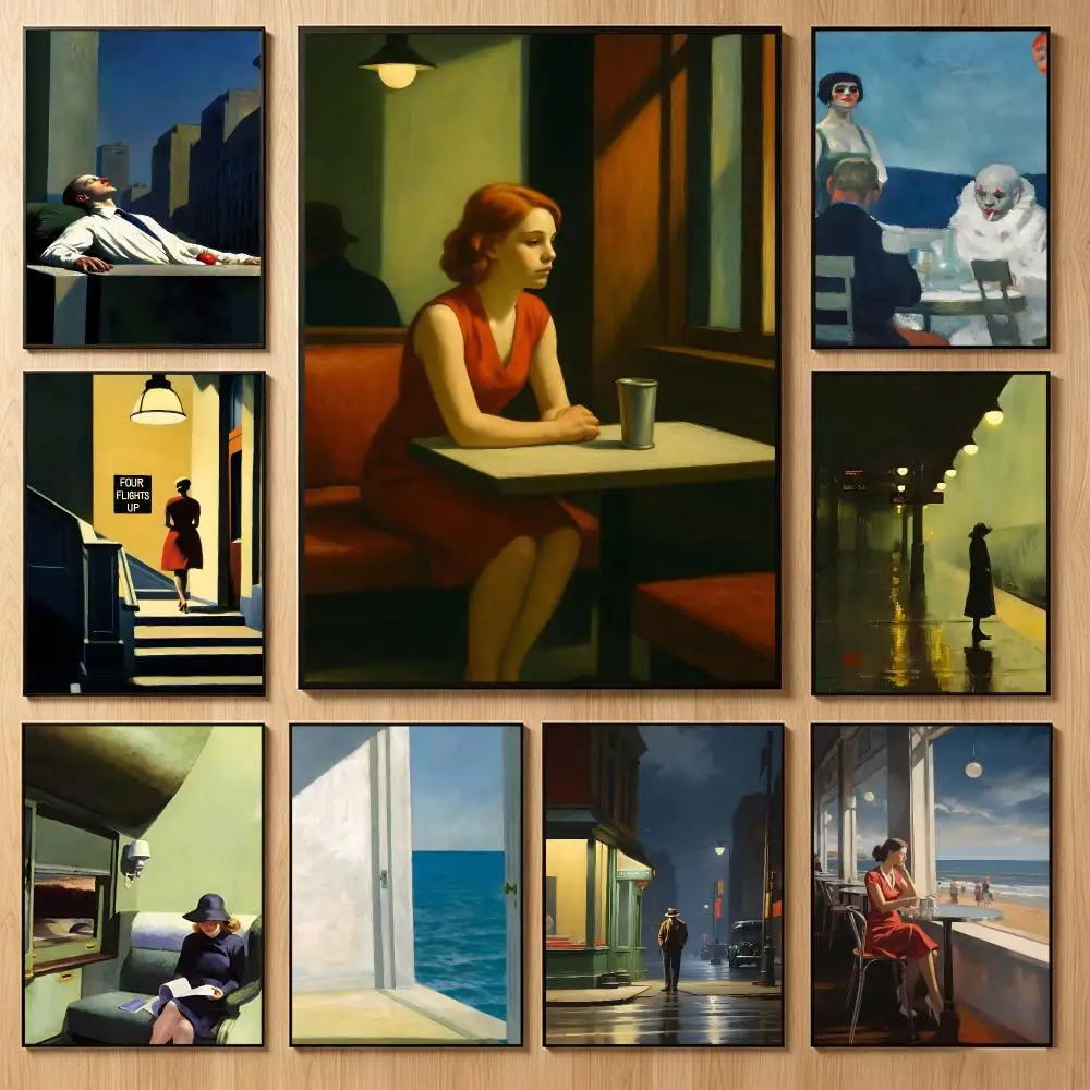 Atmospheric Painter E-Edward Hopper Poster Classic Self-Adhesive PP Wall Sticker for Living Room Bar Decor Gift