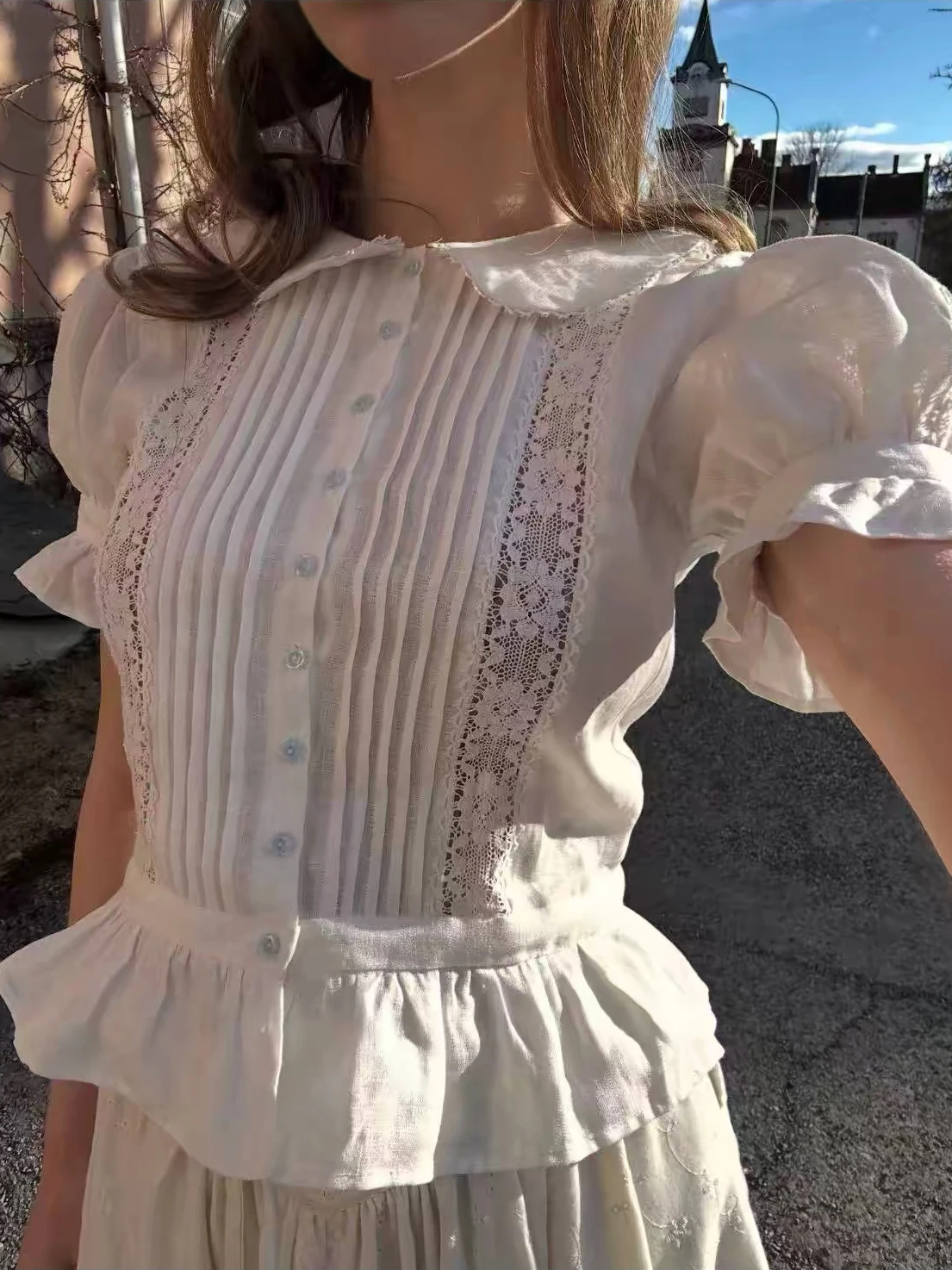 

Princess Style Lace Hollow out Hem Shirt Women's Breathable Cotton Linen Blend Bubble Sleeve Short Length Casual Shirt
