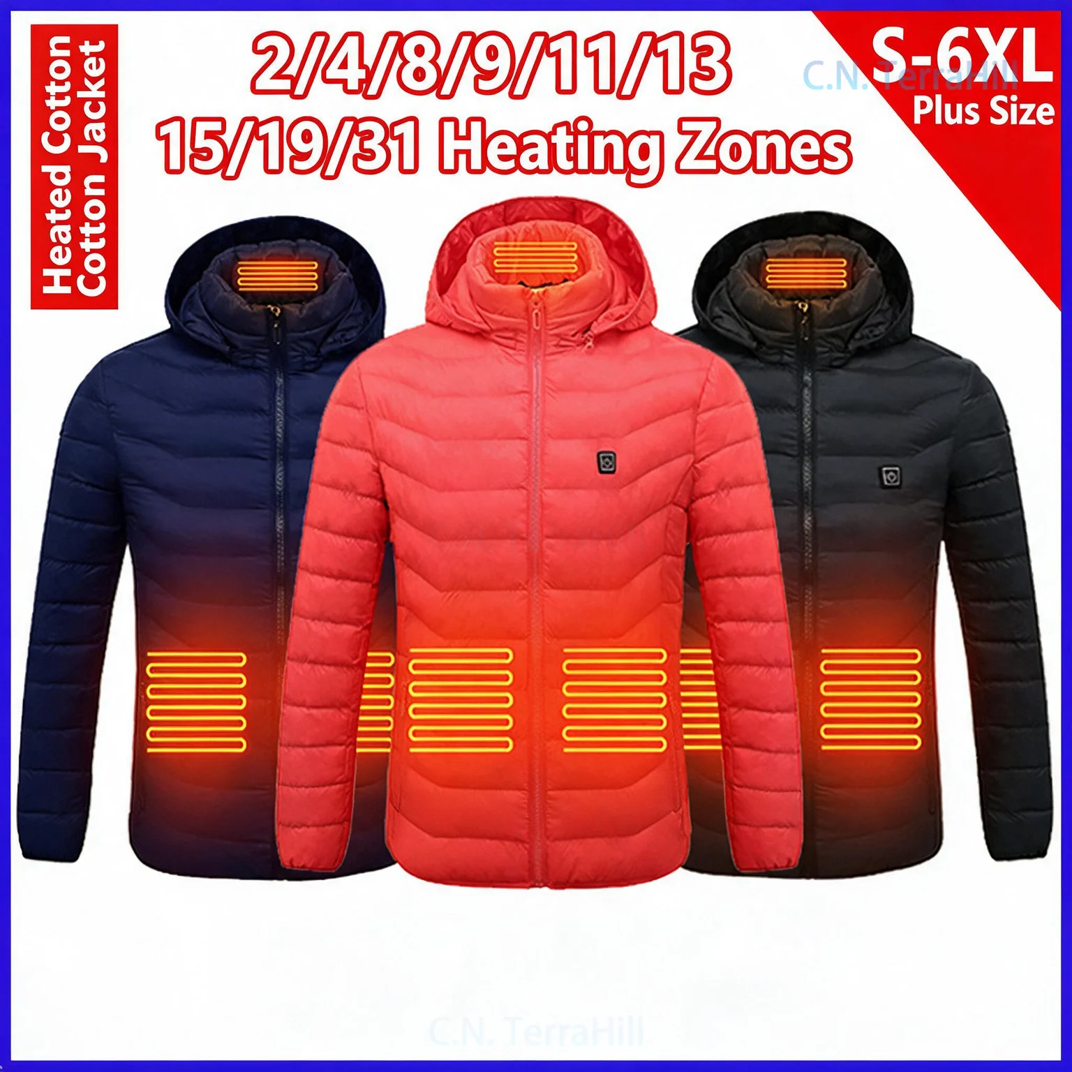 Heated Jacket Men Winter Lightweight Quilted Coat with Hood USB Electric Heating Warm Thermal Outerwear