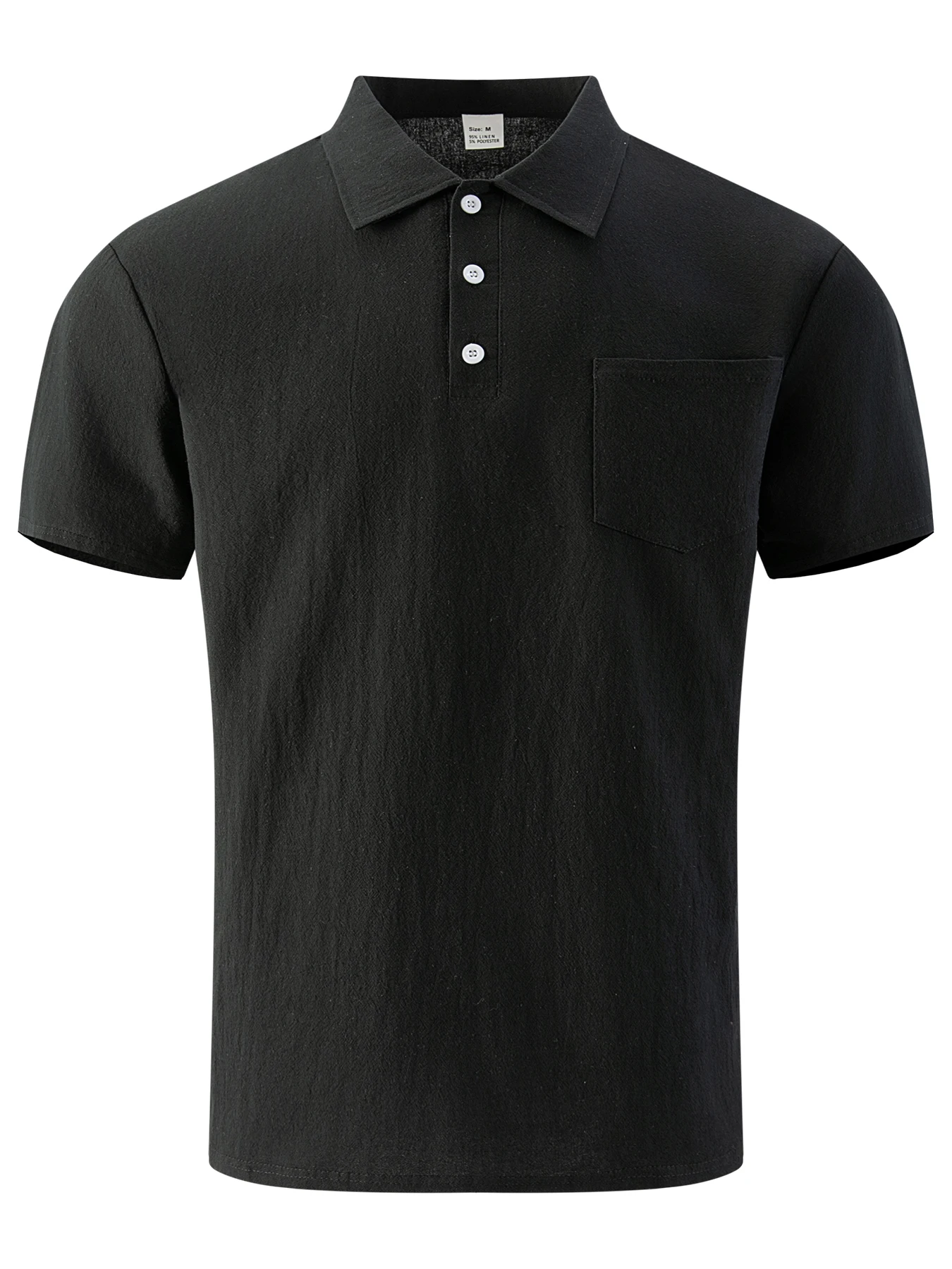 Herren-Poloshirt aus Baumwolle und Leinen, kurzärmelig, Brusttasche mit einem Knopf, Dreiknopfkragen, lässiges Hemd, atmungsaktiv, für den Sommer – Detail 6