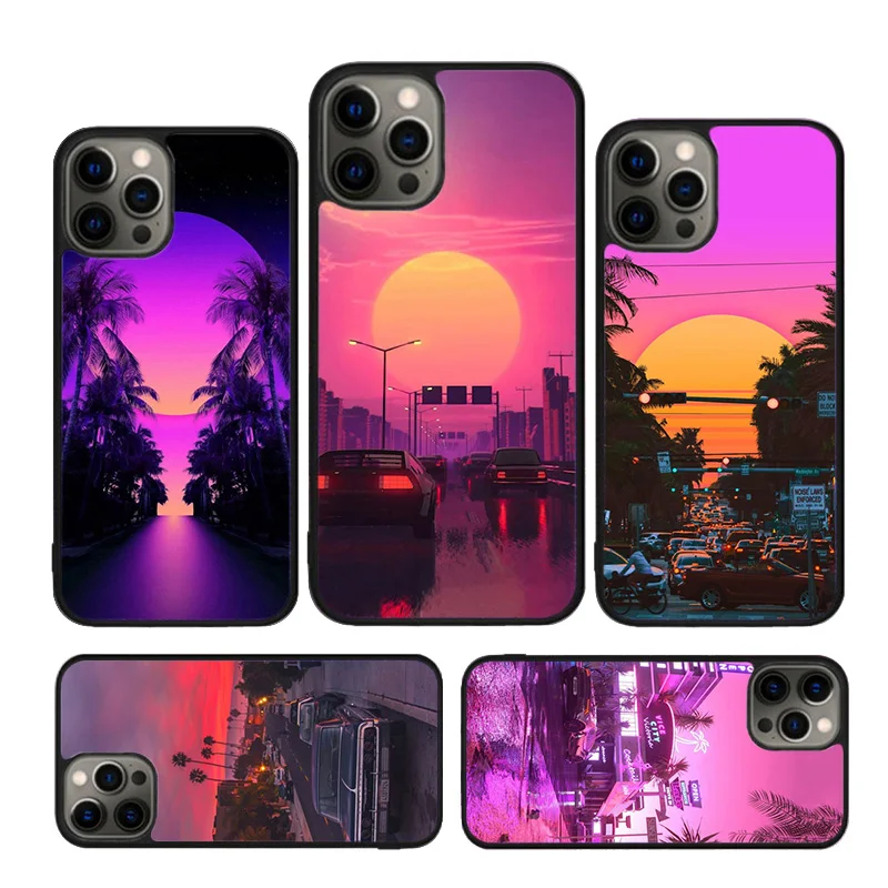 80S Vaporwave Retro Synthwave Sunset Phone Case For iPhone 16 15 14 XR XS 11 12 mini 13 Pro MAX Plus cover coque