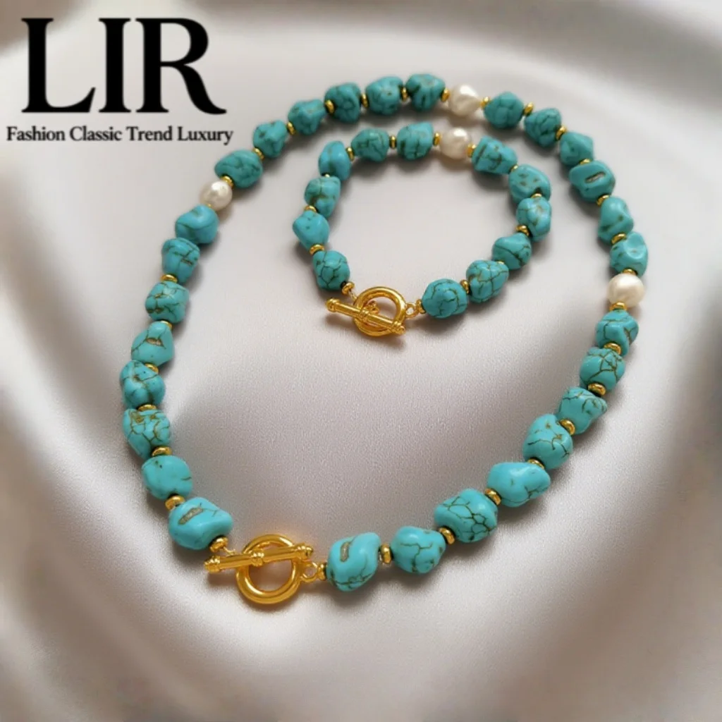 

LIR 2025 New Vintage Pearl Stone Necklace Bracelet Set: Blue - White Color Block, Face - Slimming, Women’s Jewelry