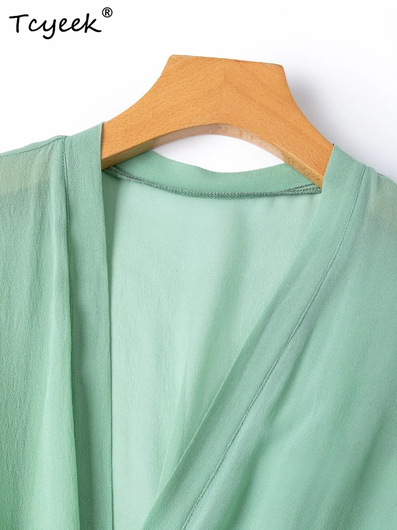 Tcyeek 100% Real Mulberry Silk Woman Tops 2026 Spring Green Mid-length Side Slit Sun-protective Shawls Women Clothing Ropa Mujer