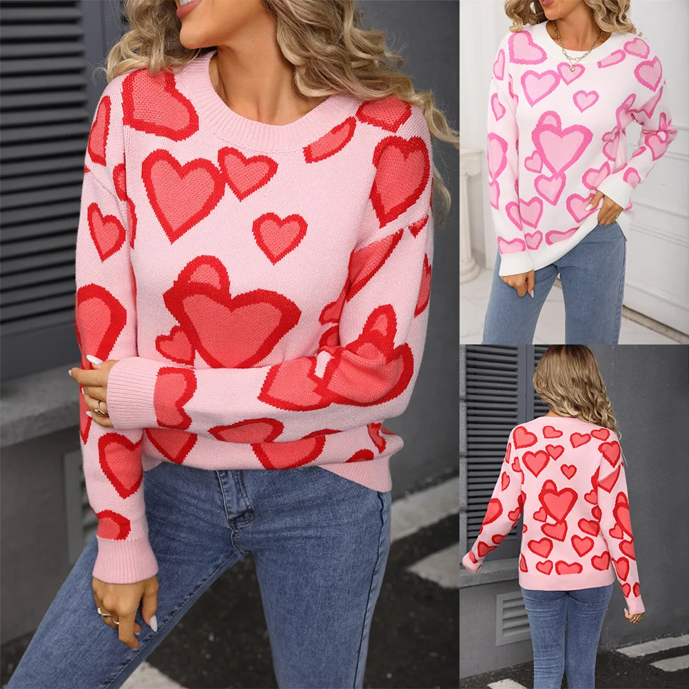 

2026 Spring and Autumn New Round Neck Knitted Top Women's Fashion Versatile Jacquard Love Heart Little Peach Heart Sweater