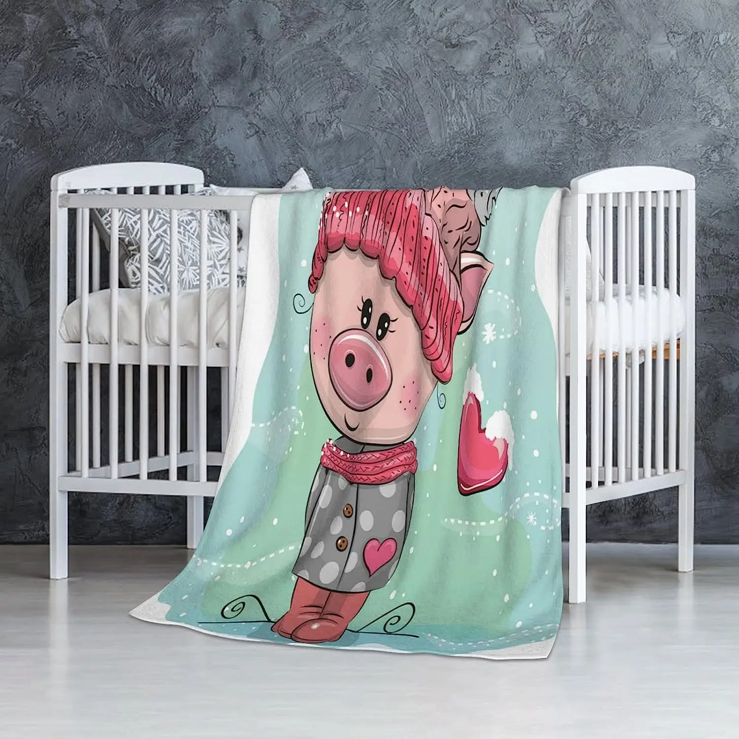 Cute Cartoon Pig Woollen Blanket in A Pink Knitted Cap Sits On A Snow Funny Aque Super Soft Blanket for Bed,Children's