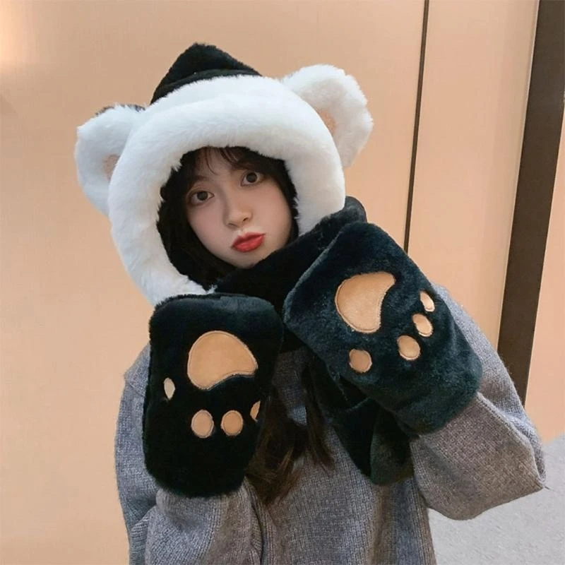 

Плюшевая шапка с изображением животного мультяшного цвета с прикрепленным шарфом и варежками, комбинированный теплый комплект из