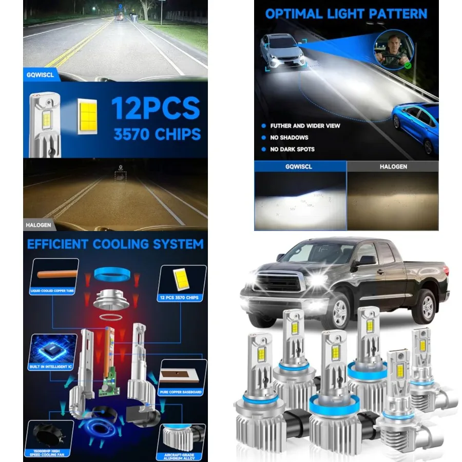 Fit Light Bulbs, High/Low Beam Fog Light Bulbs Combo, 800% Brightness CSP Chips, 6000K White, Efficient Heat Dissipation, Pack