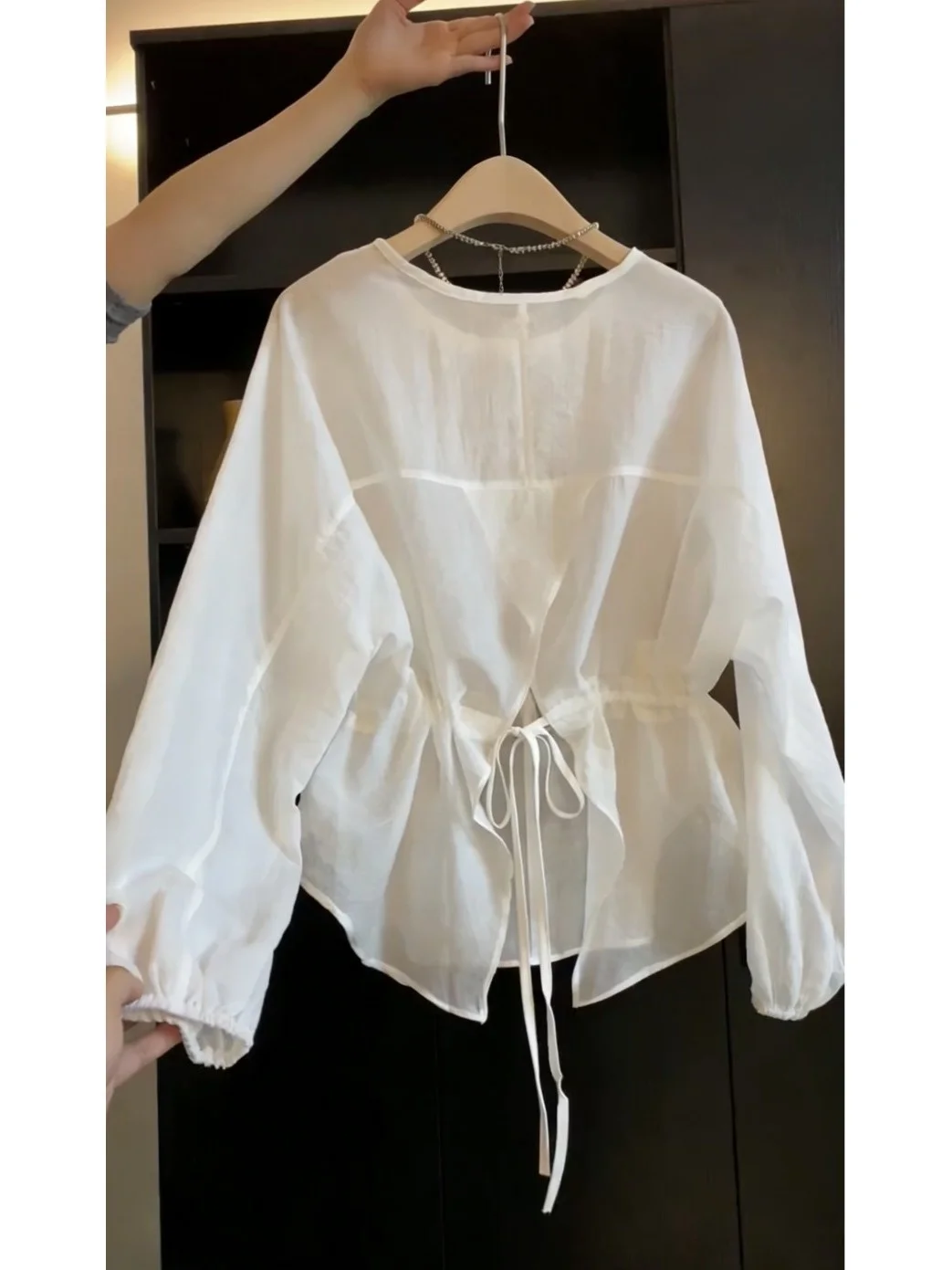 

Женская летняя тонкая свободная рубашка с длинными рукавами-фонариками и защитой от солнца, с завязками на талии, в французском стиле, из хлопка