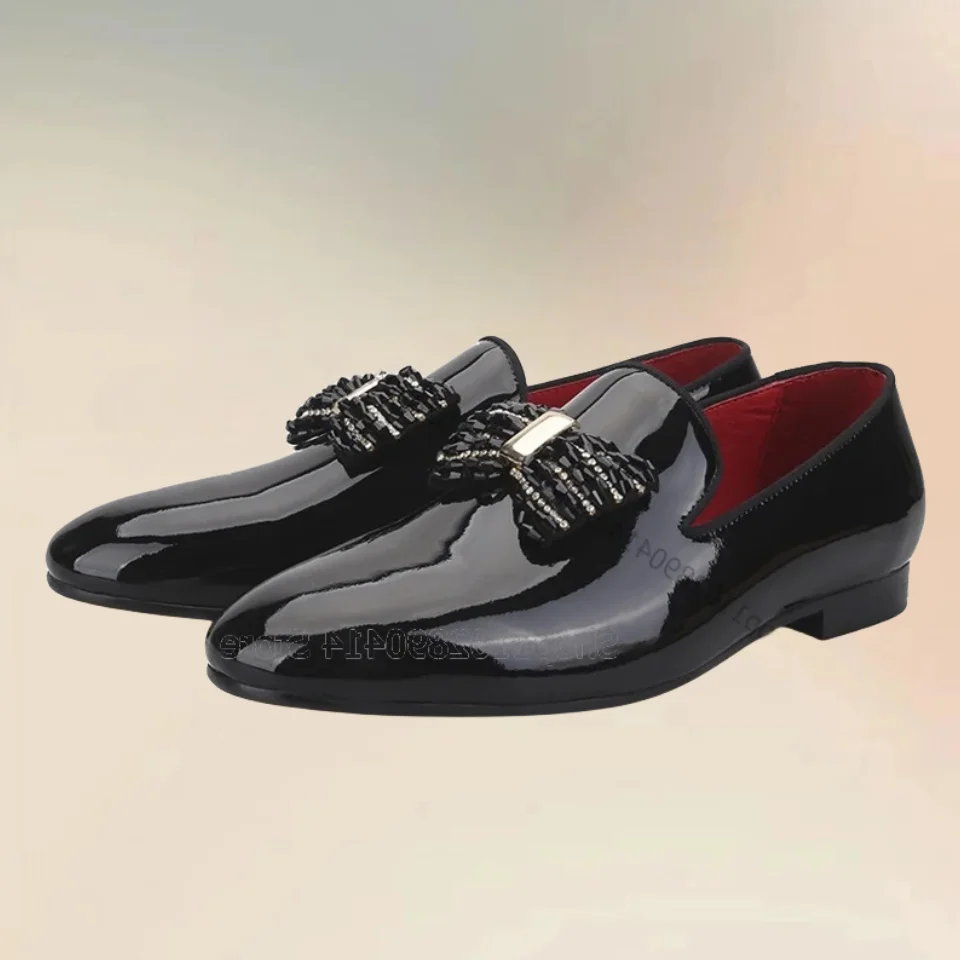 Crystal Bow Knot Decor Black Patent Leather Loafers Fashion Slip On Men Shoes Luxurious Handcraft Party Banquet Men Dress Shoes