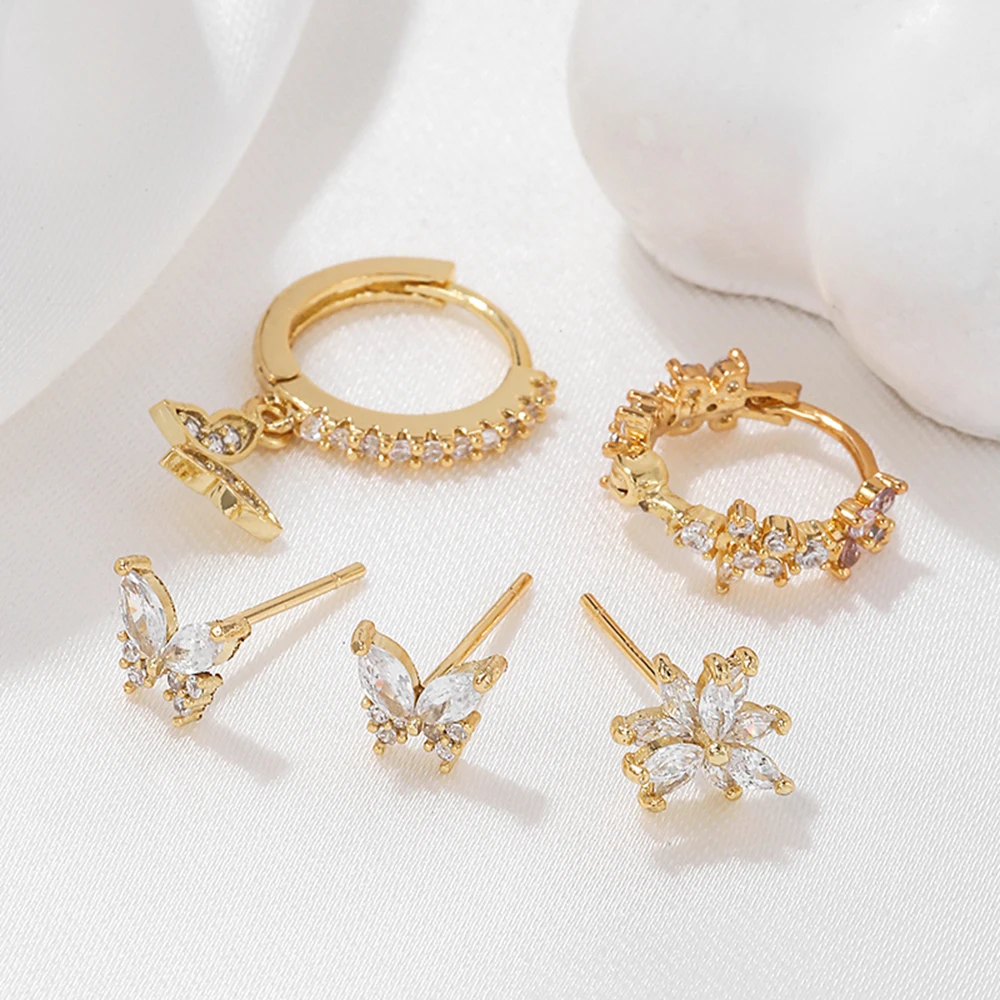 5Pcs Butterfly Flower Earrings Set for Women, Gold Plated Cubic Zirconia Studs & Huggie Hoops Dangle, Dainty Sparkly Jewelry