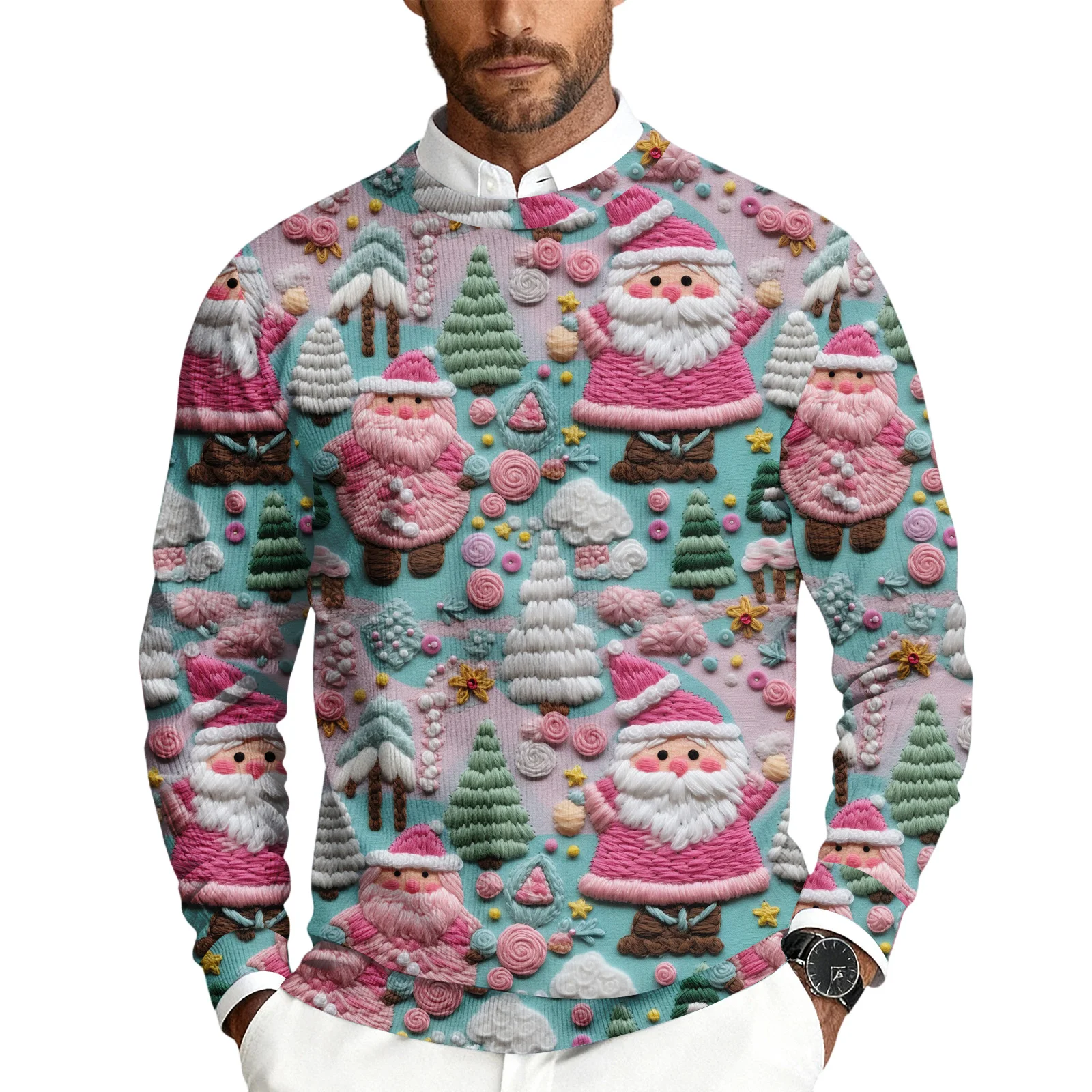 Sweater Rajut Pria Motif Natal Kerah Bulat Lengan Panjang Model Longgar Kasual Bisnis