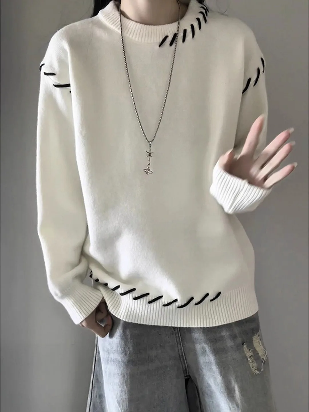 

Cleanfit White Spliced Knitwear Men's Women's Autumn Winter Lazy High-End Feeling Inner Warmth Knitted Sweater Coat