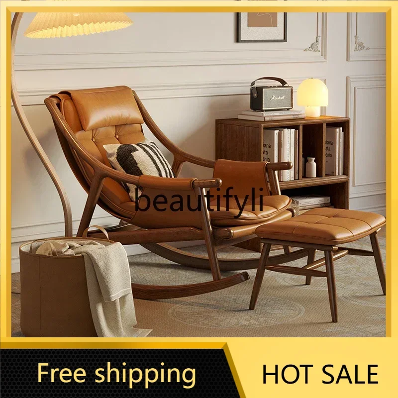 hot Solid wood leather rocking chair recliner living room rocking chair balcony bedroom lazy sofa rocking chair