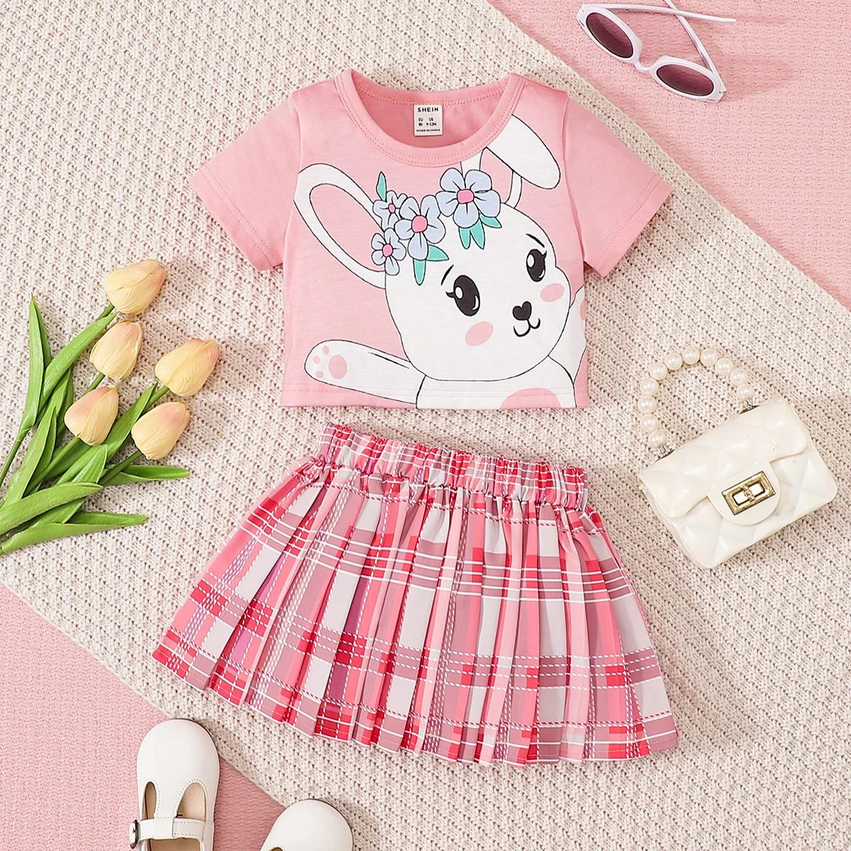 

Girls' Set Round Neck Short Sleeve Cartoon Rabbit Plaid Short Skirt Fashion New Vigorous Travel Home Fashionable New Home Style