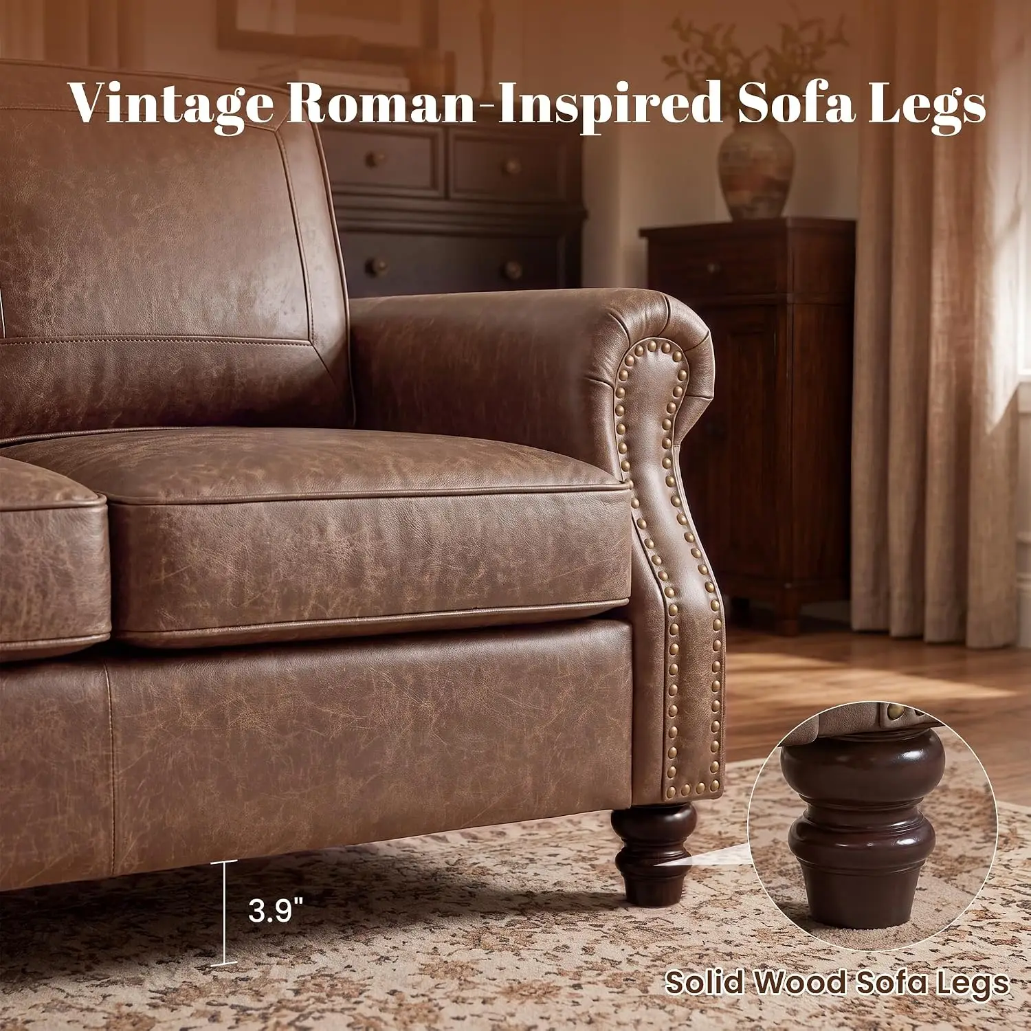 Faux Leather 3 Seater Sofa With Rolled Arms, Mocha, Customized