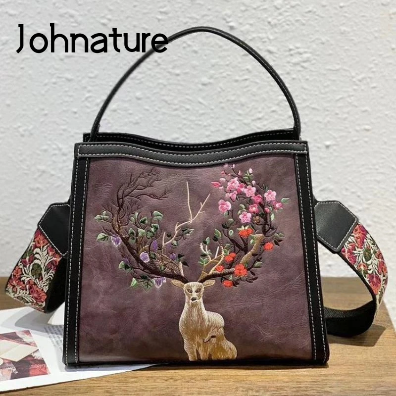 Johnature Women Bag 2024 New Chinese Style Embroidery Handbag Large Capacity Handmade Retro Leather  Shoulder & Crossbody Bags