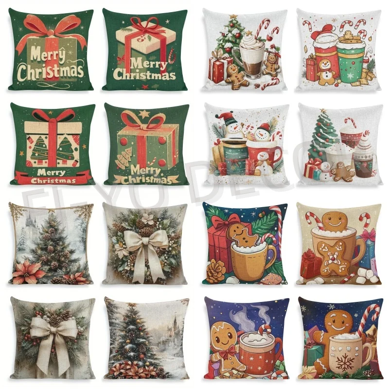 4pcs, Christmas Pillow Covers Christmas Decorations Gingerbread Man Santa Tree Holly Jolly Gift Wrap Winter DecorCushion Case