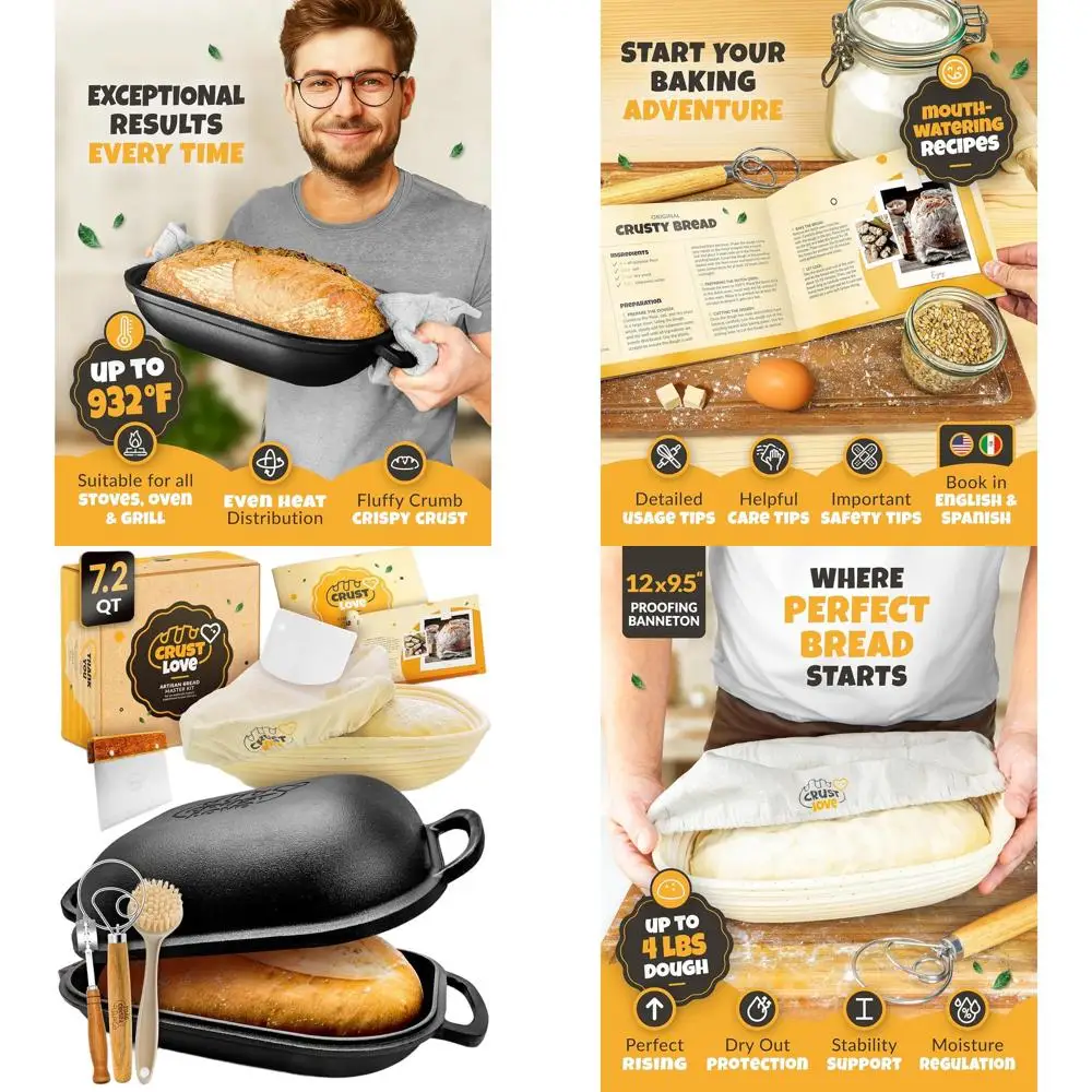 

Lidded Cast Iron Bread Pan with Sourdough Baking Accessories - Banneton, Proofing Basket, 7.2QT Dutch Oven, Bread Scoring Lame K