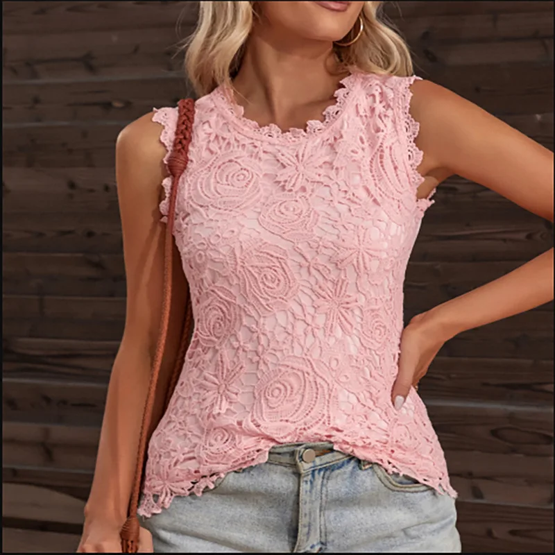 Summer Sleeveless Women Blouses Fashion Lace Casual Vintage Floral Vest Elegant Sexy Top Flower Embroidery Shirt