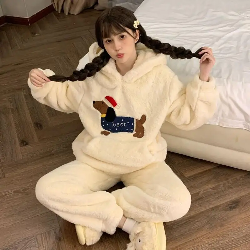 New Winter Women's Pajama Set Girl Nightwear Dachshund Cartoon Flannel Cute Coral Fleece Cozy Warm Loungewear Sleepwear