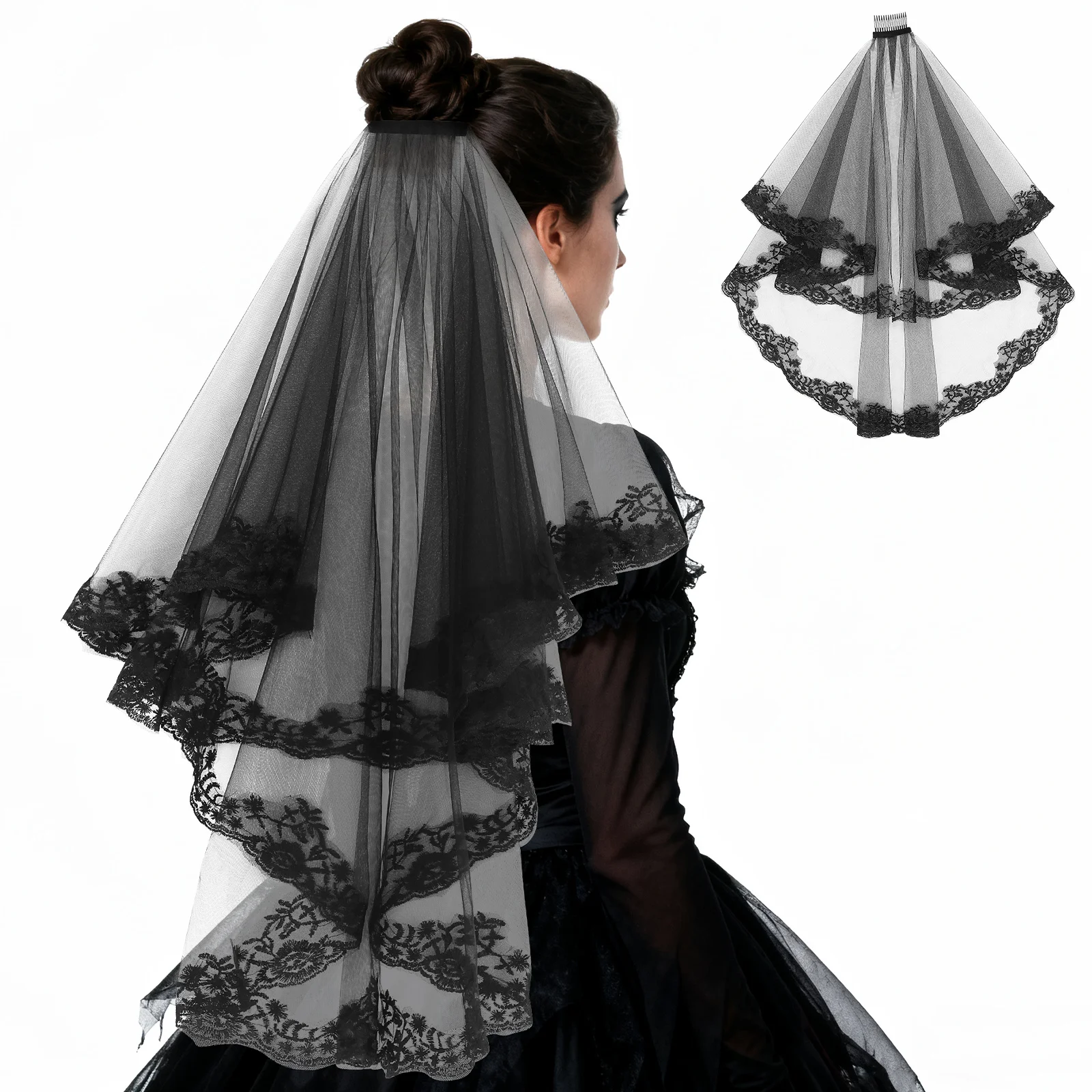 Matrimonio in pizzo elegante tulle per la sposa Velo da sposa per la decorazione del costume da sposa di Halloween Velo da sposa da donna