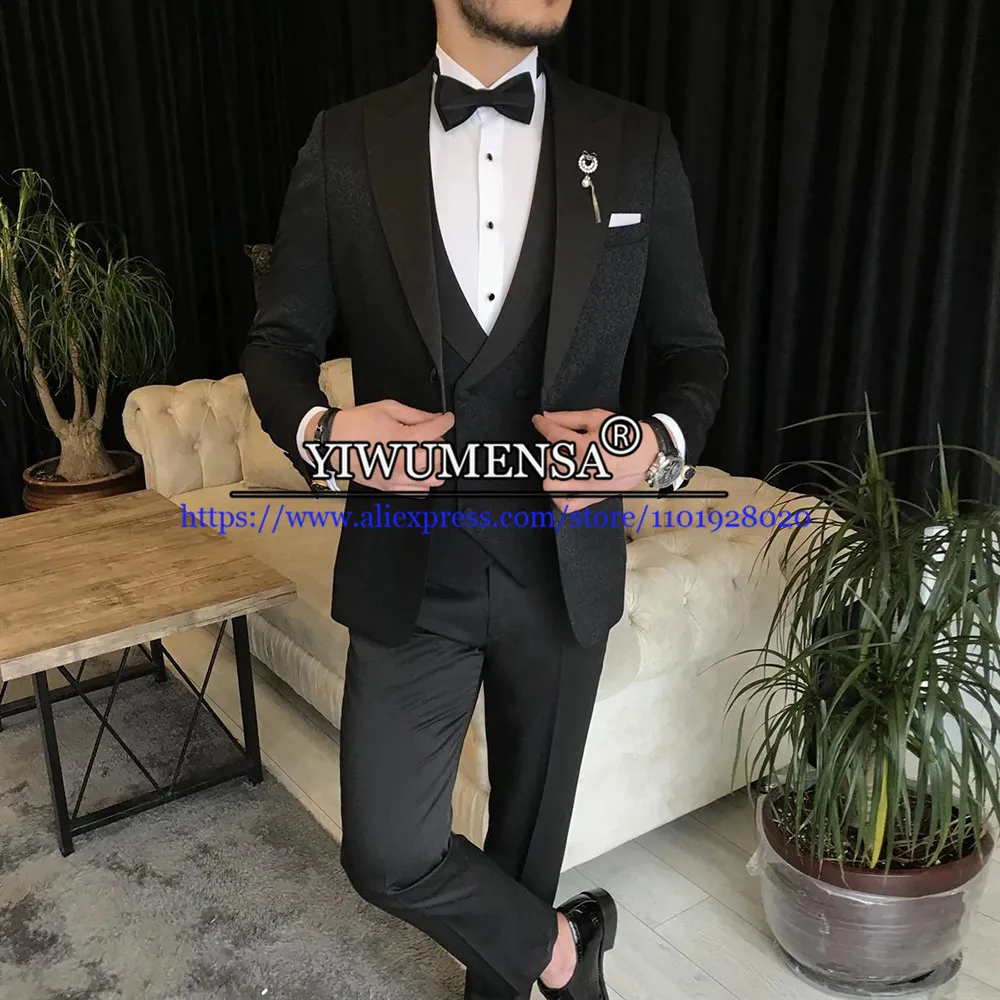 Glitter Black Mens Suits Grooms Wedding Tuxedos Shinny Sequins Blazer+Waistcoat+Pants 3 Pieces Formal Business Office Wear Sets