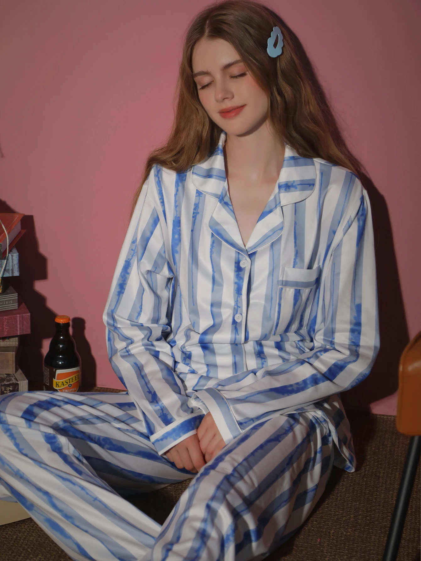 

2-piece women's sleepwear long sleeved pants home wear spring and autumn winter striped pattern cardigan set