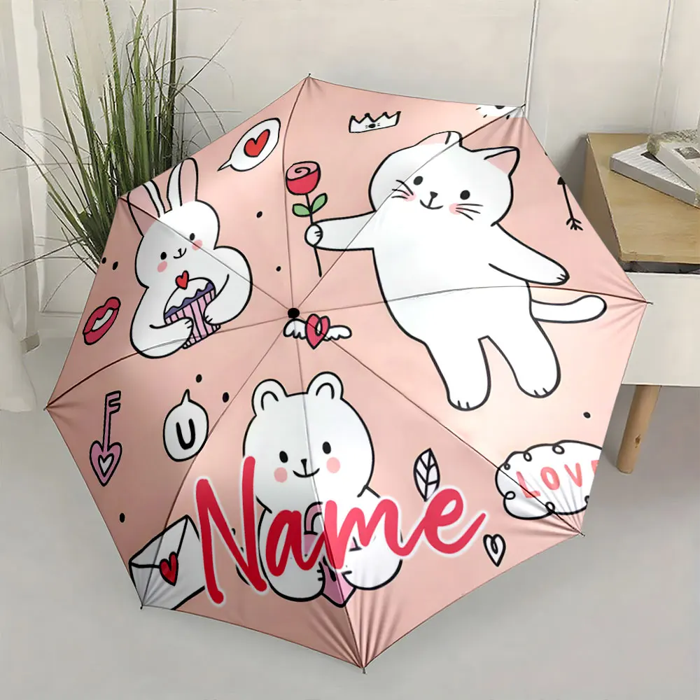 Custom Name Adorable animals on a cute pink-themed umbrella Print 8 Iron Ribs Folding Umbrella Auto-Open Fashion Sunshade