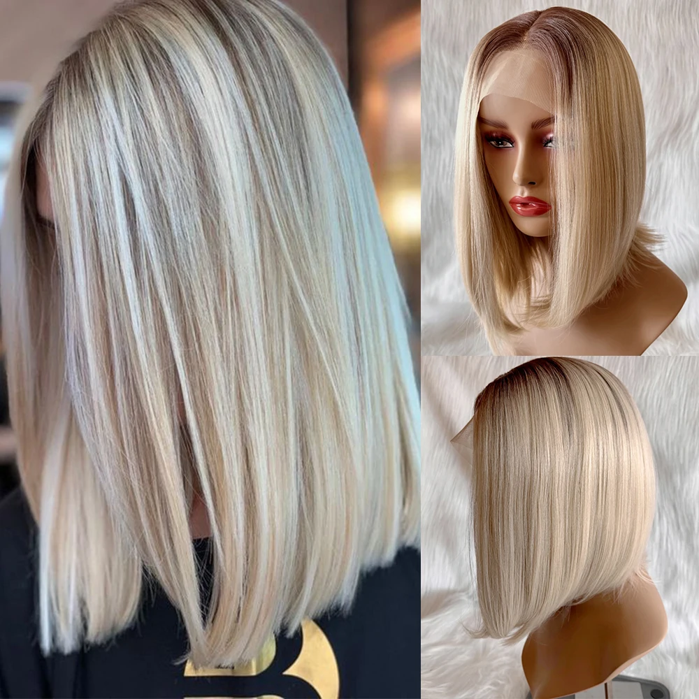 Warm Blonde Lace Front Wigs Ombre Roots Melted Middle Part Straight Bob Wig Heat Resistant Synthetic Lace Wigs for White Women