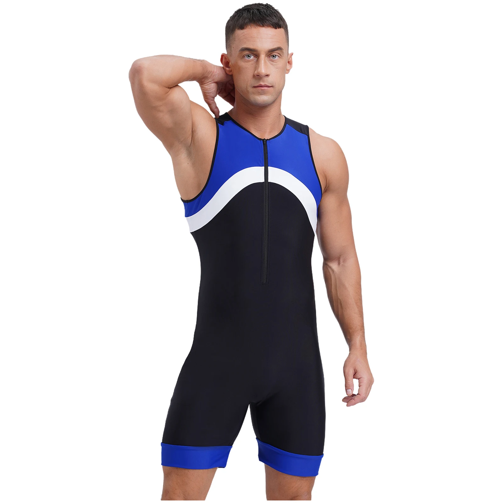 Mens Sleeveless One Piece Wetsuit Swimsuit Patchwork Swimwear Athletic Zipper Surfing Diving Suit Bathing Suit