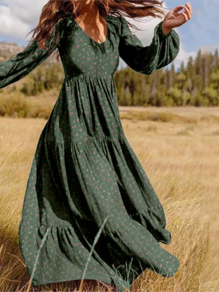ربيع الخريف عادية بوهو الأزهار طباعة فستان طويل للنساء أنيقة فساتين ماكسي للحفلات كم كامل كشكش خمر فستان الإناث