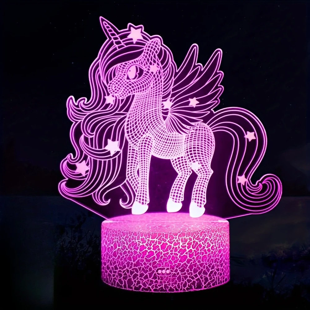 LED 3D night light featuring a unicorn and stars created via laser engraving, a crackle-effect base, and dreamy lighting effects