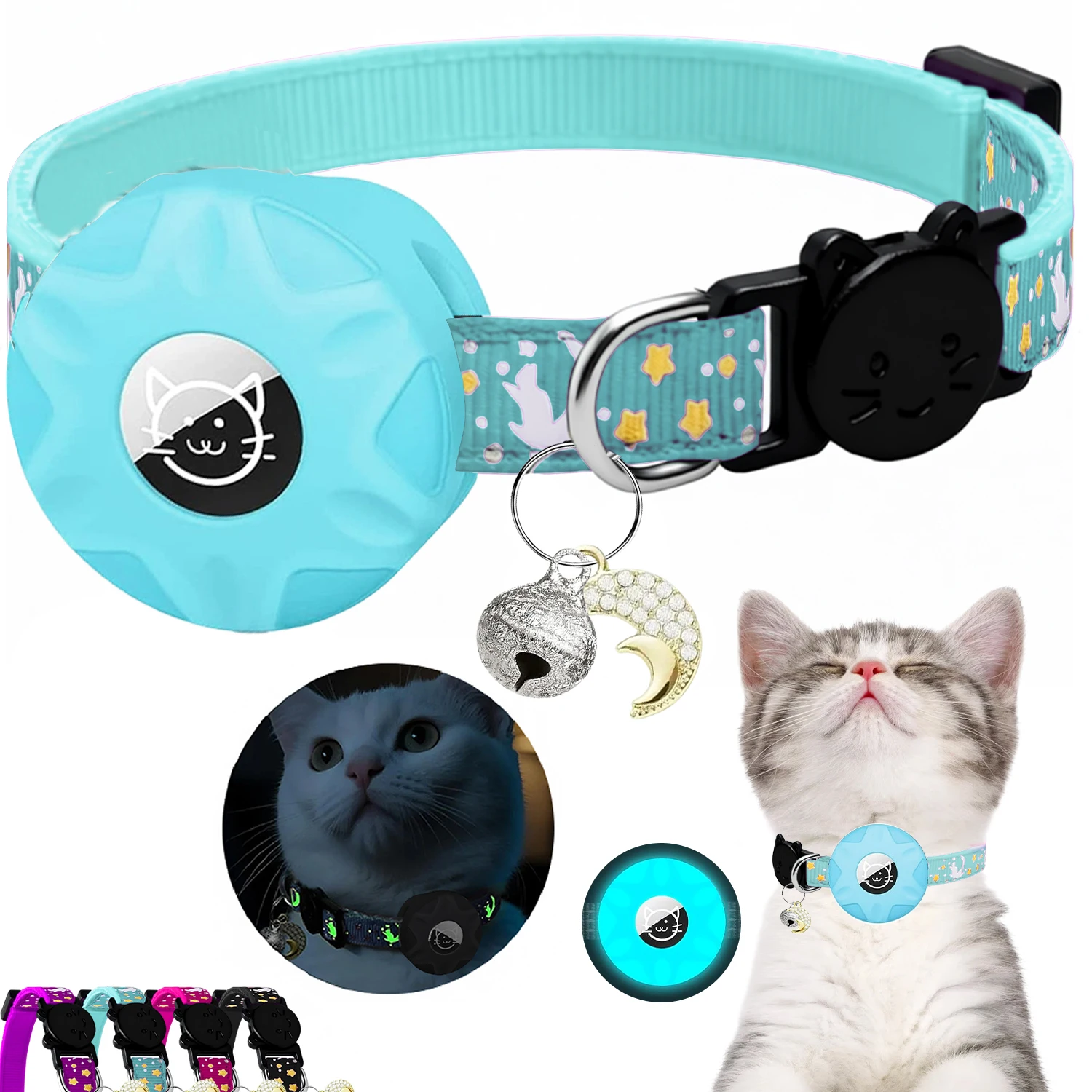 Collier pour animaux de compagnie Airtag Breakaway pour étiquette Apple avec porte-étiquette d'air et ornement de lune, collier pour chaton brillant fille garçon chats, colliers pour chiens