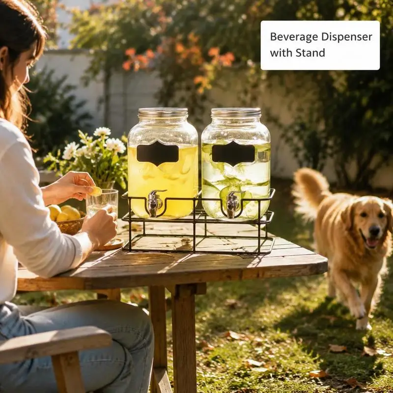 Ensemble de 2 distributeurs de boissons en verre 4L avec support en fer noir, robinet en plastique, autocollants, pot vintage, cuisine, bar, fête, barbecue, salon, terrasse, rangement, boissons froides, décoration maison, convivial