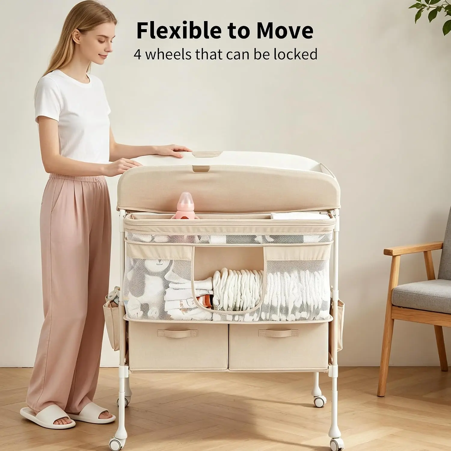 Portable Baby Changing Table with Wheels for Nursery Foldable Diaper Table with Adjustable Height Drying Rack Large Storage Organizer and 2 Drawers for Easy Travel. ﻿