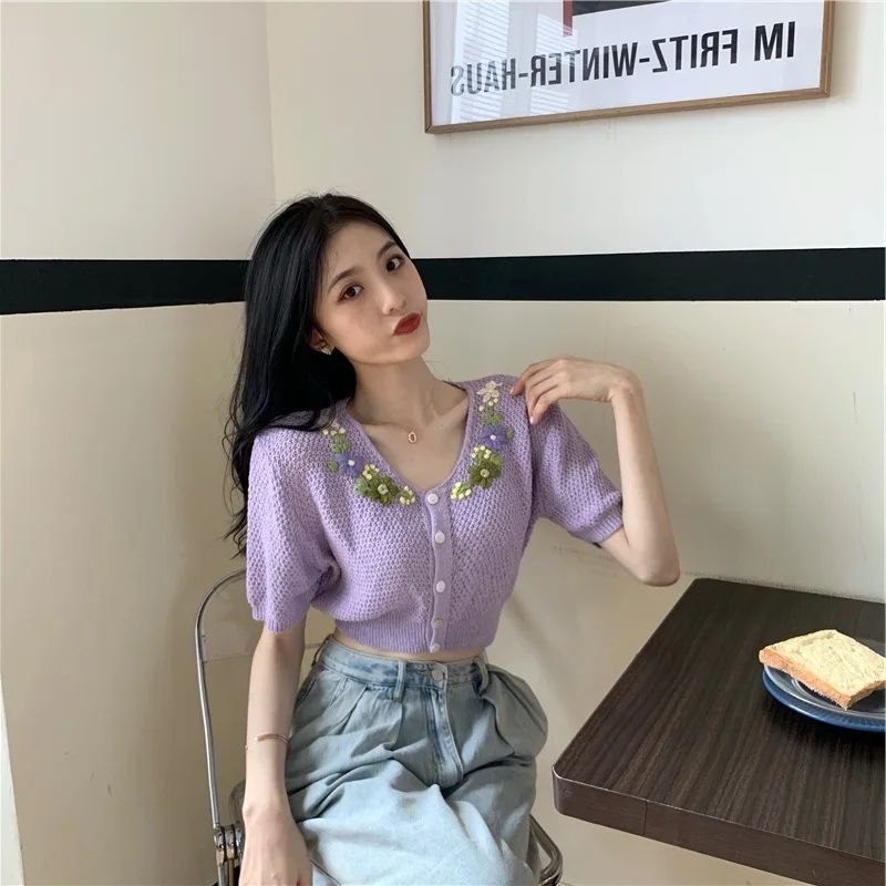 New Korean Style Cropped Sweater Women Vintage Oversize Knit Tie Fllowers Female Spring Summer Short Sleeve V-neck Cardigan Tops