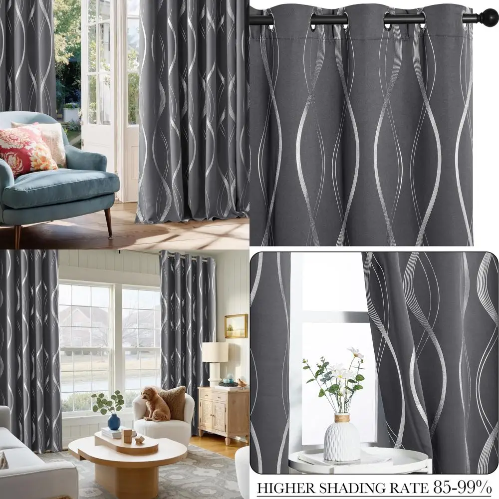 

Thermal Insulated Grey Wave Print Curtains, 66 x 84, Noise-Reducing, 2-Panel Set for Living Room
