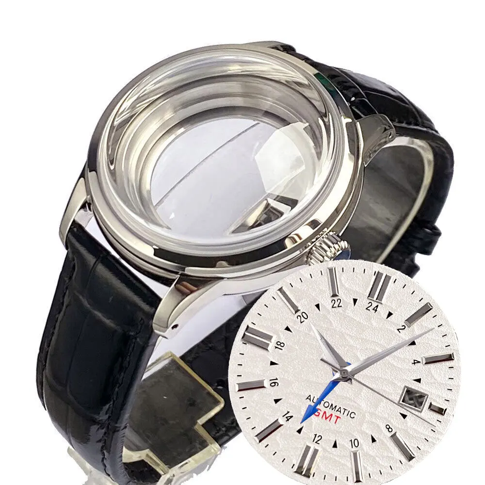 NH34A 20ATM Waterproof 40mm Watch Case Polished for NH34 GMT Steel Wristwatch Case Double Bow Sapphire Blue White Black Dial Set
