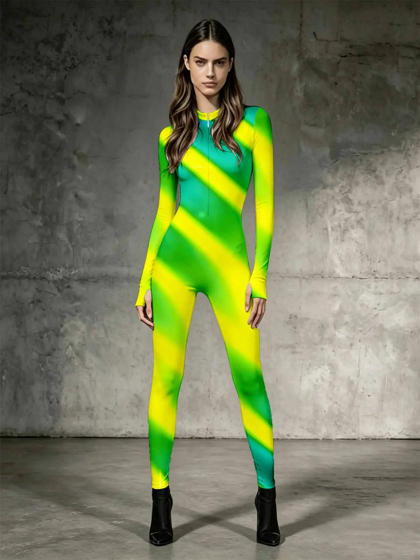 Half height collar, front zipper, long sleeved jumpsuit, tight fitting and slim fitting women's clothing
