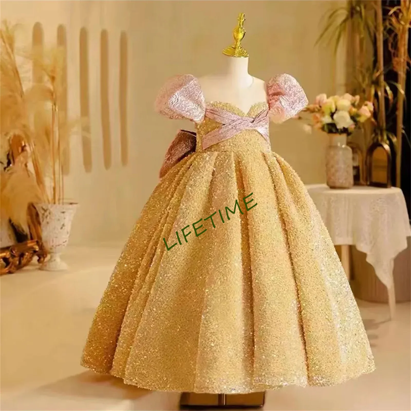 CustomizedSparkly Arabic Gold Girl Dress with Bow Dubai Kids Princess Birthday Wedding Party First Communion Ball Gown