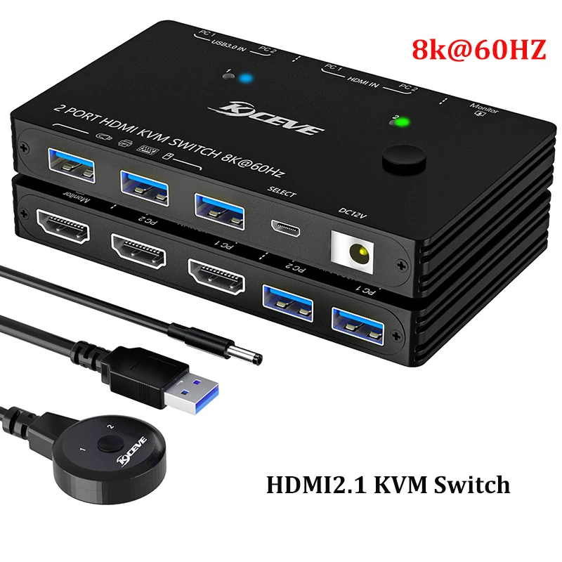 

2 Port HDMI2.1 KVM Switch, 8k@60HZ KVM Switch 1 Monitor 2 Computers for 3 USB Devices, with Wired Control and Power Adapter