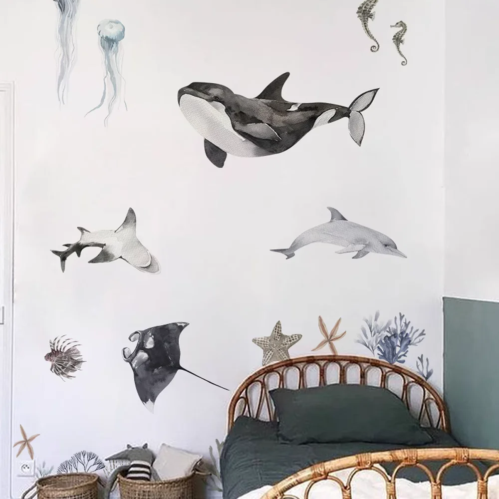 Underwater World Fish Wall Stickers Waterproof Watercolor Coral Ocean Wall Decals for Bathroom Nursery Baby Room Home Decor