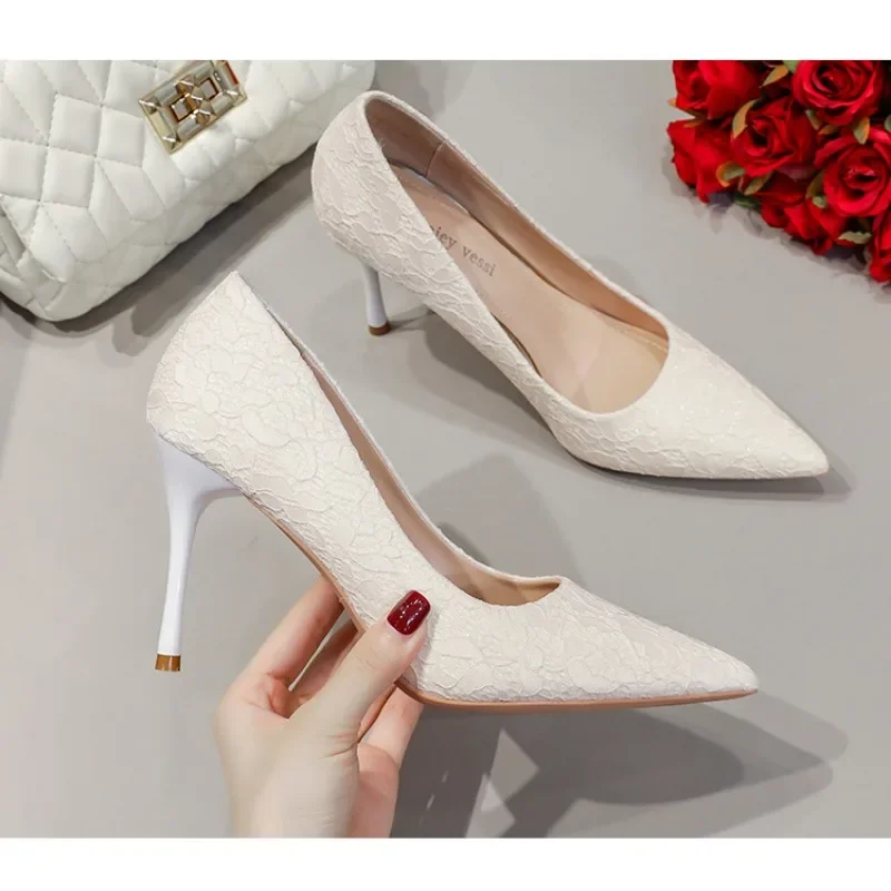 

High heel female pointed thin heels pumps wedding shoes large size bride Small size shoes red lace bridesmaid