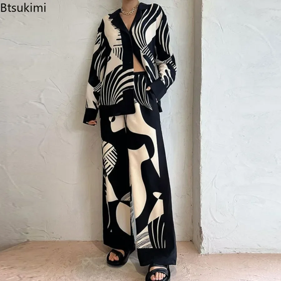 New 2024 Women's V-neck Poplin Abstract Geometric Print Long-sleeved Jacket Y2k Elastic Waist Casual Loose Wide-leg Trouser Suit