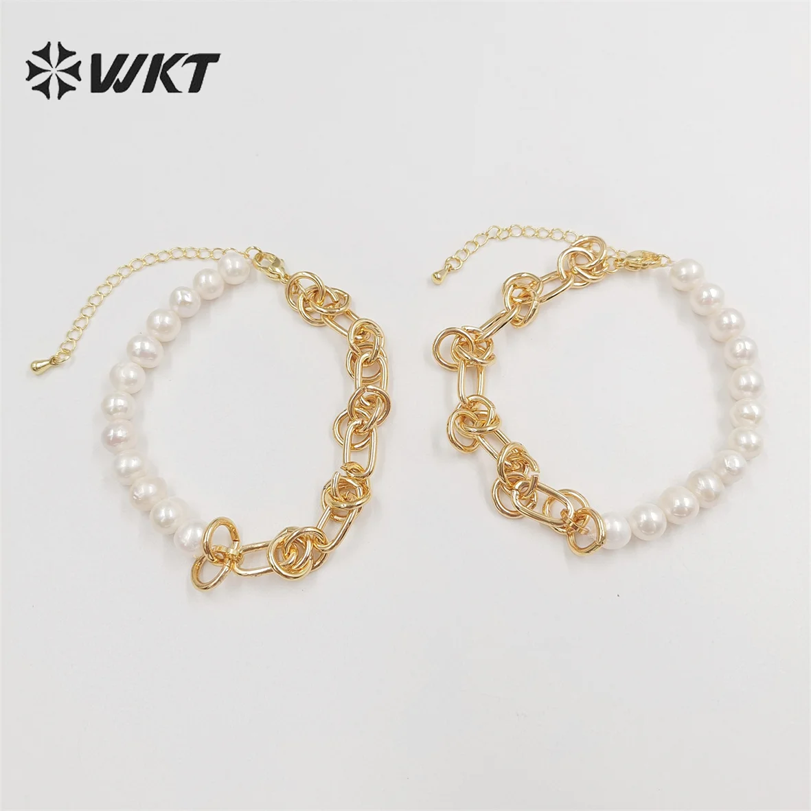 WT-MPB075 Ltaly Design Natural Freshwater Pearl Chain Mix Charming Real White Knot Metal Design Bracelet Women Birthday Gift