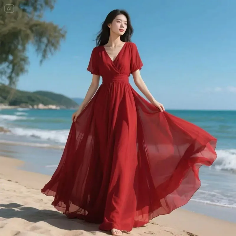 Vestido Maxi Boêmio de Chiffon Liso Verão 2026, Sexy, Sem Costas, com Faixa, para Férias, Elegante, Duas Camadas, para Festa