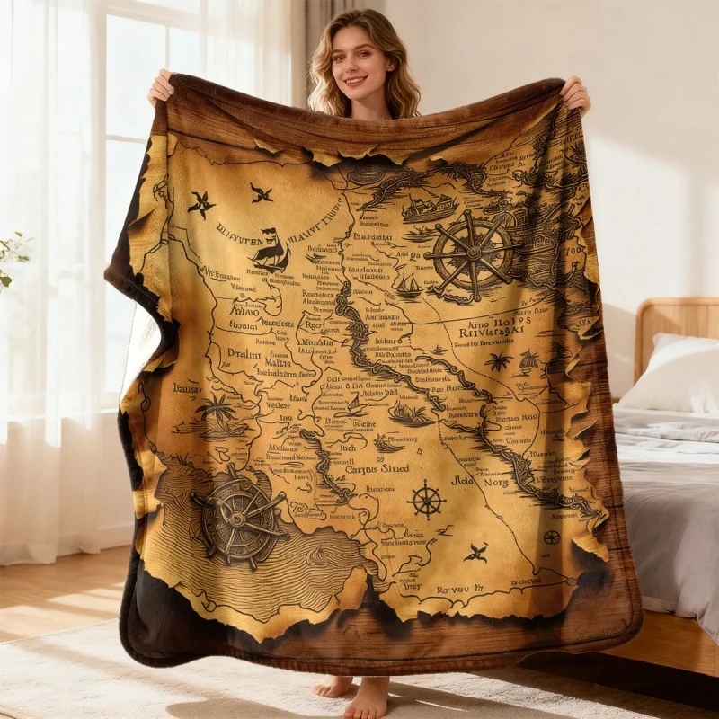 Vintage Pirate Treasure Map Printed Blanket Soft Lightweight Nautical Theme Home Sofa Bed Cover
